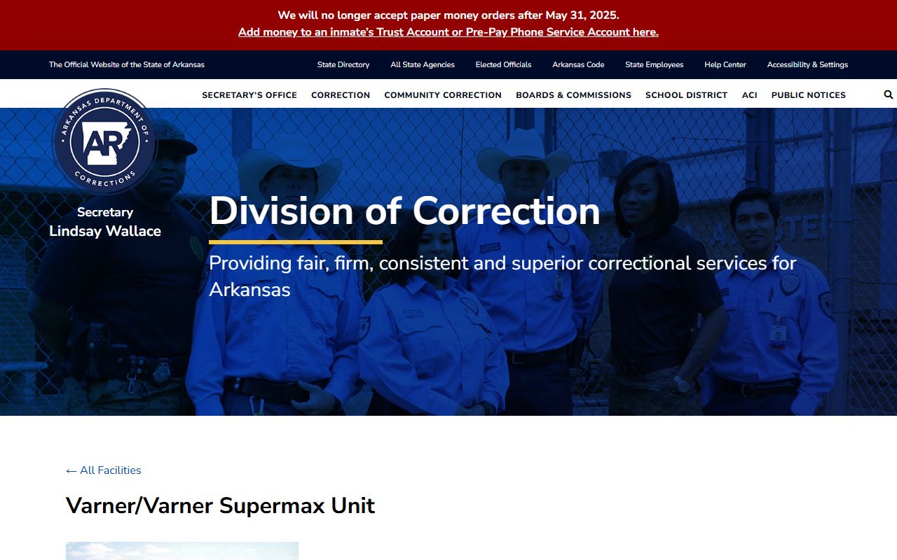 Arkansas DOC Varner/Varner Supermax Unit page for Lincoln County inmate population records